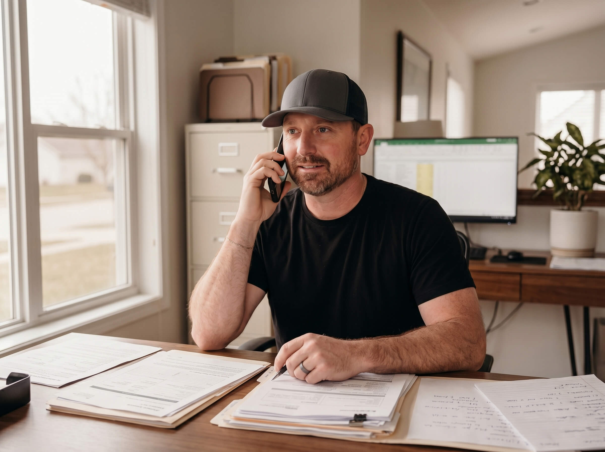 Licensed public adjuster on phone at desk reviewing Michigan homeowner claim paperwork during negotiation