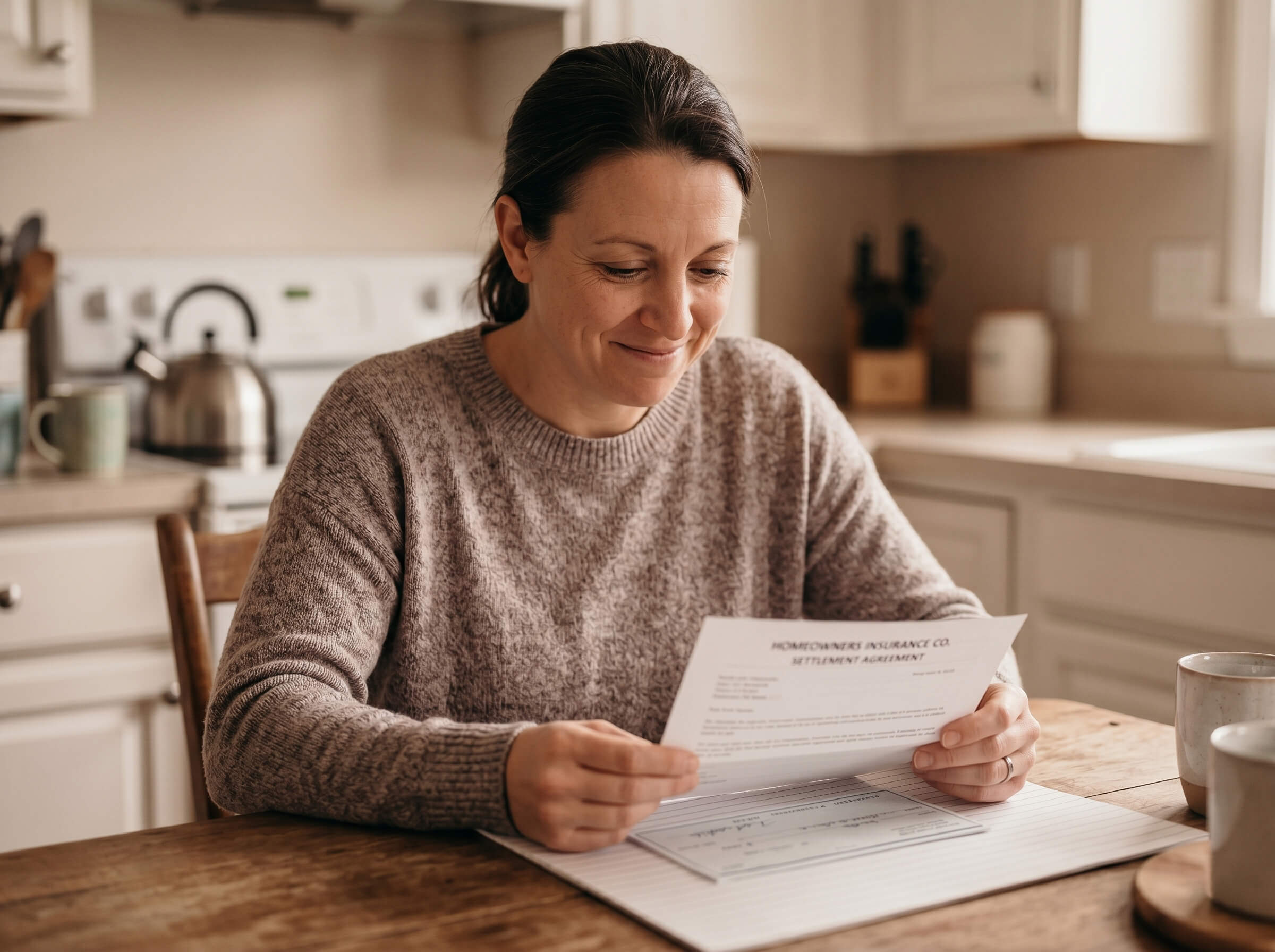 Michigan homeowner at kitchen table carefully reviewing insurance settlement offer before signing